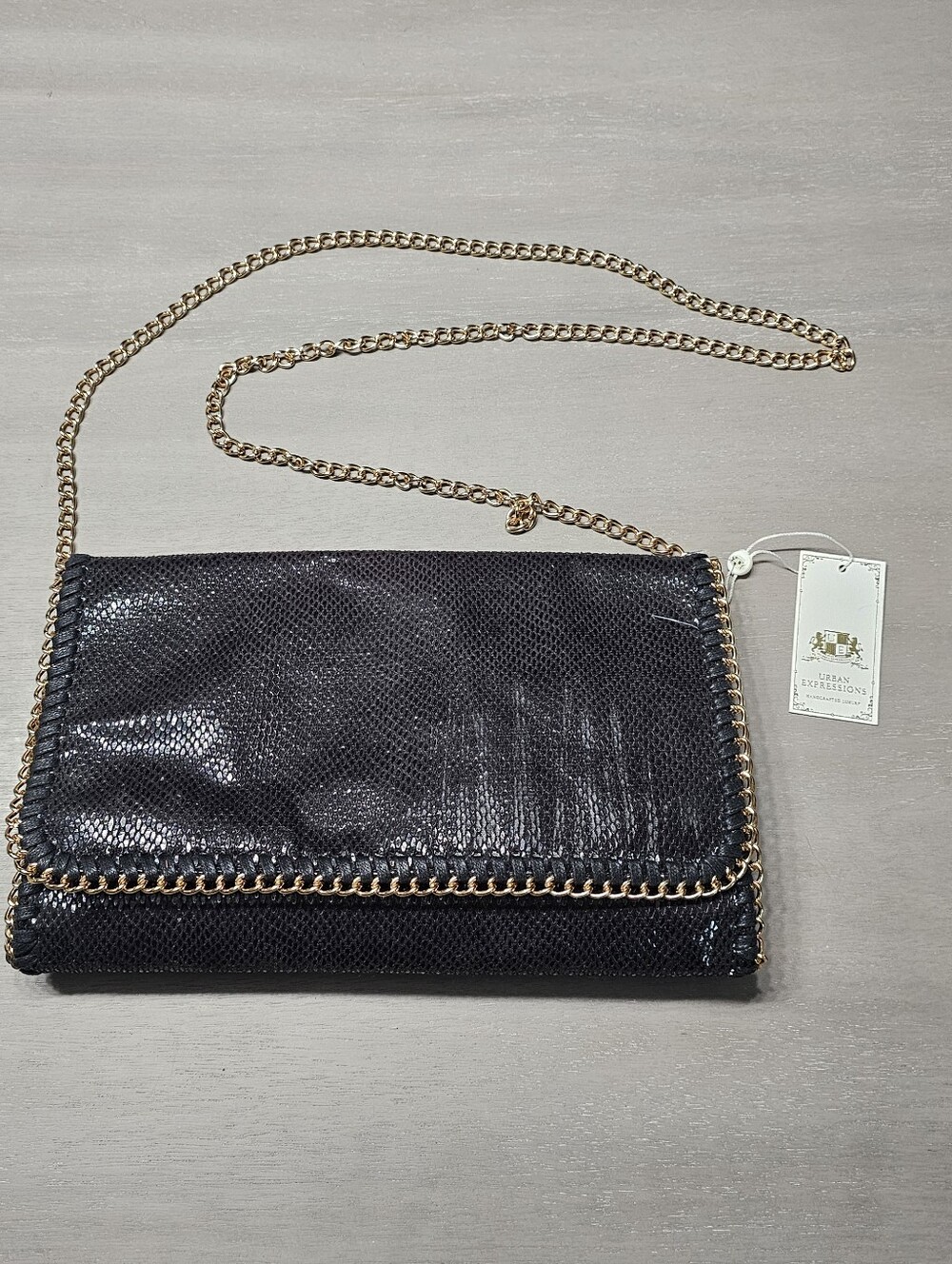 NWT Urban Expressions Black Snakeskin Whipstitch Clutch Crossbody Bag